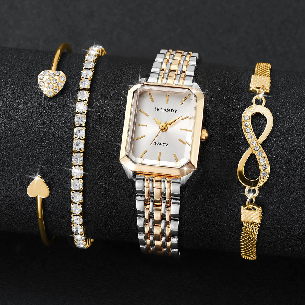 4PCS Elegant Rectangle Women Watches Rhinestone Bracelets Set Fashion Ladies Quartz Wristwatch Reloj Mujer