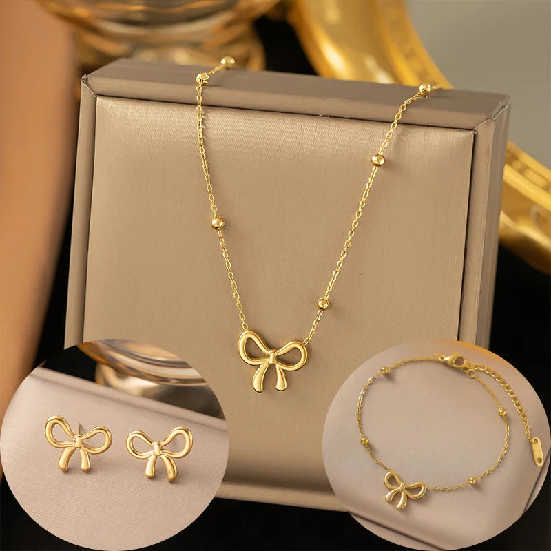 Stainless Steel Bowknot Necklace For Women Girls Gift