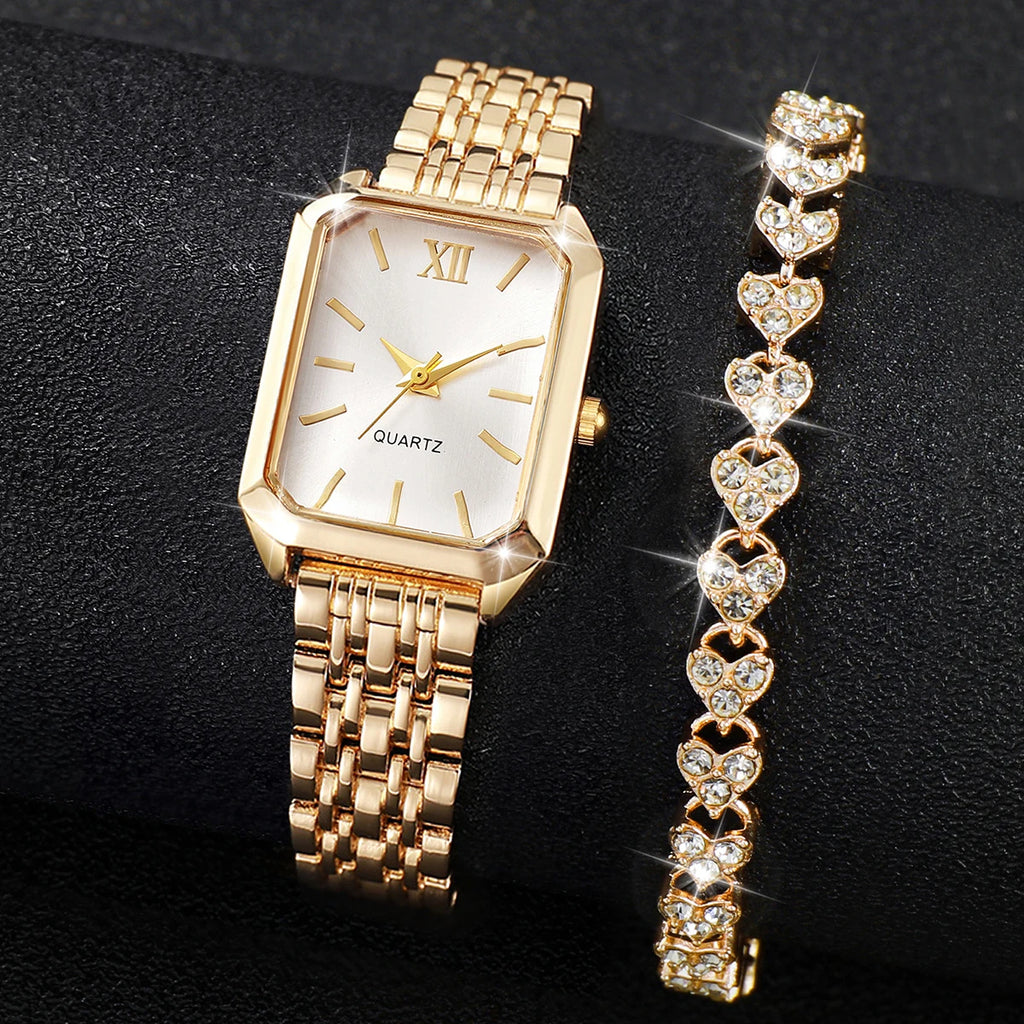 2PCS/Set Fashion Rectangle Women Quartz Watch Ladies Roma Dial Wristwatches