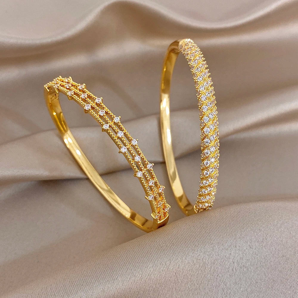 Elegant Geometric Winding Hollow Copper Bangle for Women Shiny Gold Plated Waterproof Spring Bracelet Lady Jewelry Gift
