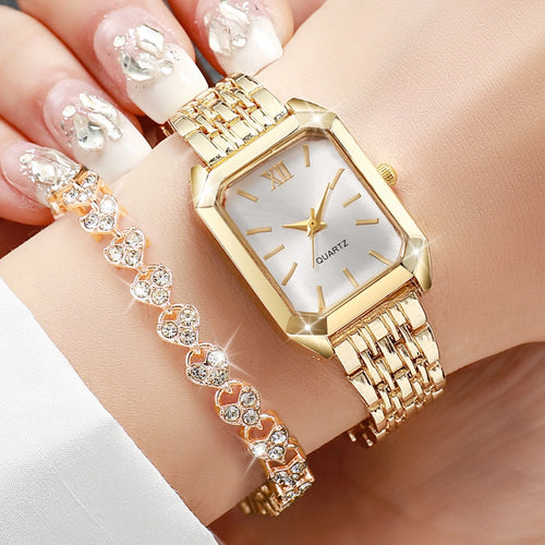 2PCS/Set Fashion Rectangle Women Quartz Watch Ladies Roma Dial Wristwatches