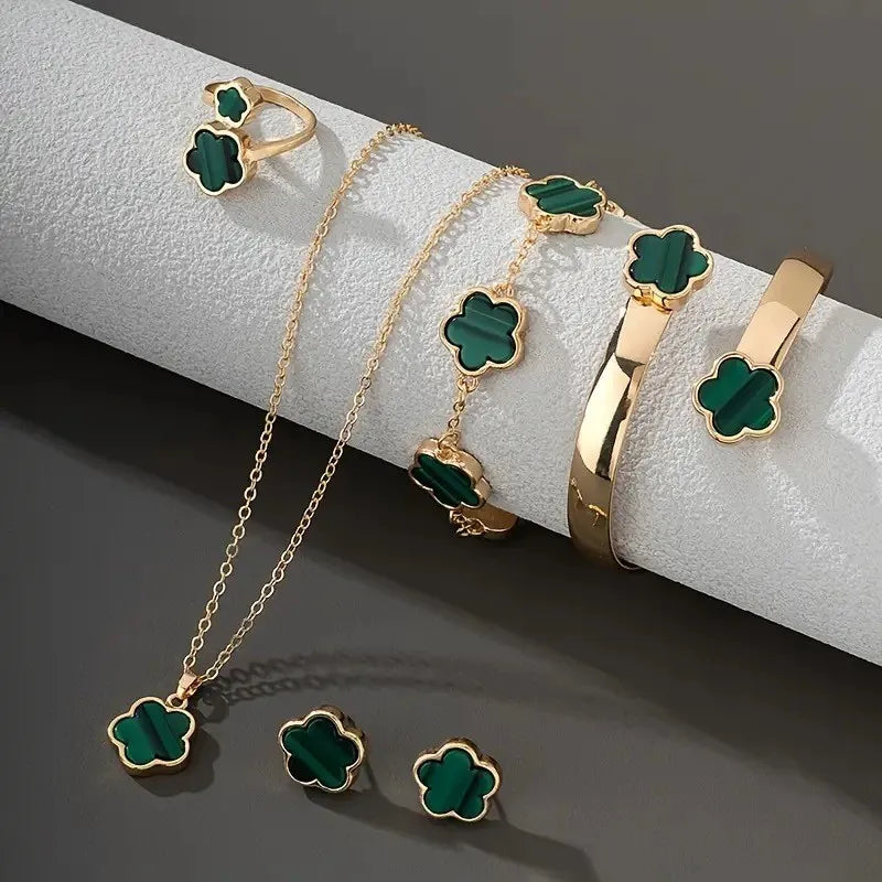 Lucky Five-petal Flower Women's Jewelry Set, Fashion Flower Bracelet + Necklace + Earrings + Bracelet + Ring,