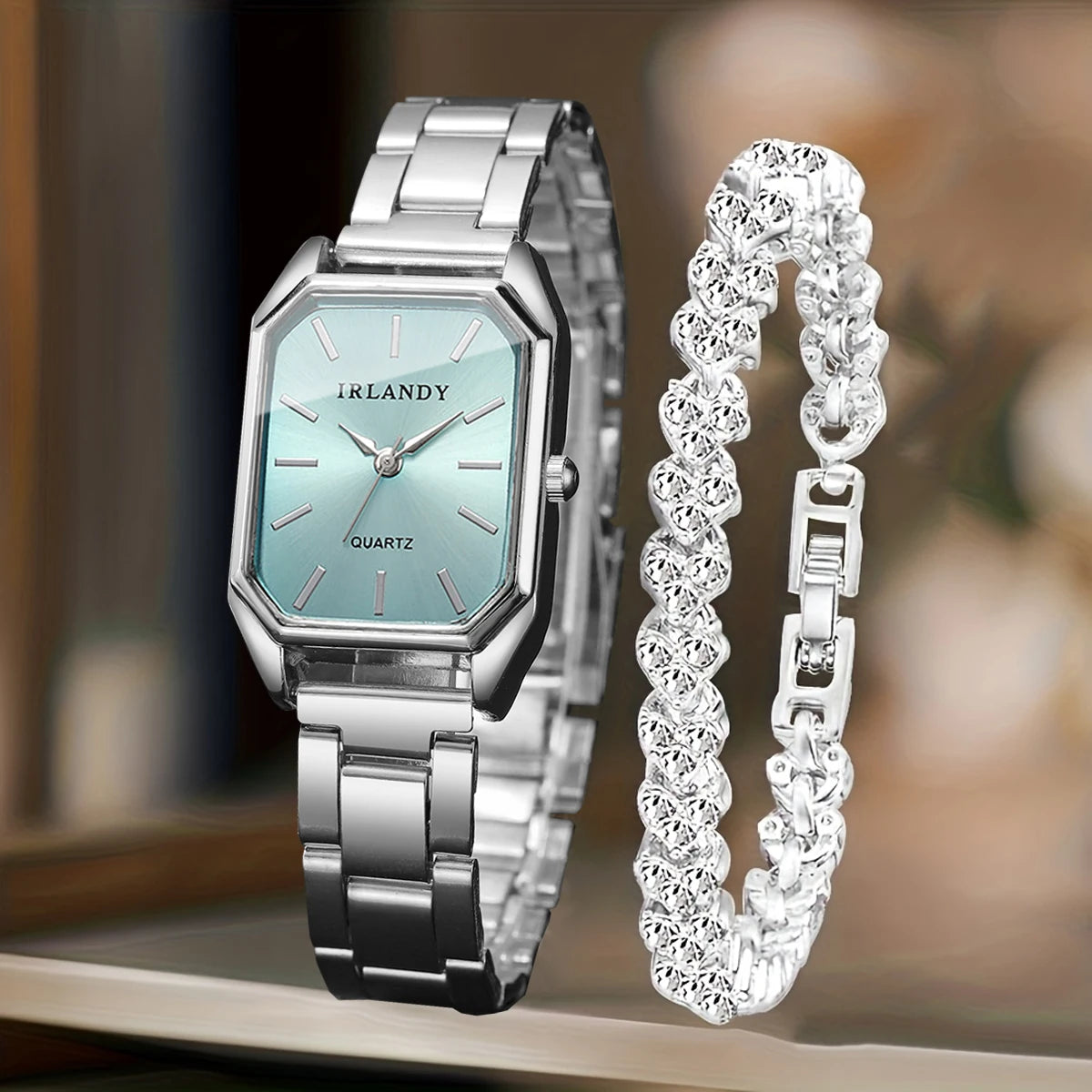 2PCS Fashion Rectangle Women Quartz Watch Rhinestone Bracelet Set Elegant Ladies Wristwatches