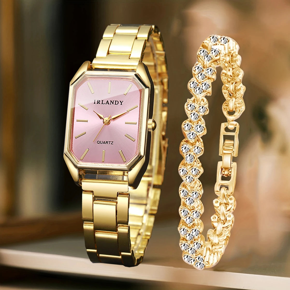 2PCS Fashion Rectangle Women Quartz Watch Rhinestone Bracelet Set Elegant Ladies Wristwatches