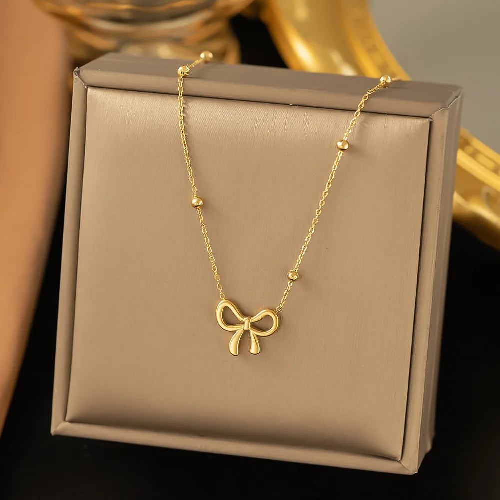 Stainless Steel Bowknot Necklace For Women Girls Gift