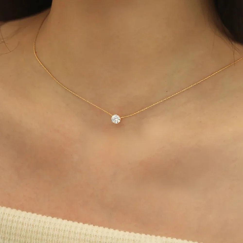 Stainless Steel Gold Plated Dainty Chain Round Clear Stone Necklace for Women Jewelry