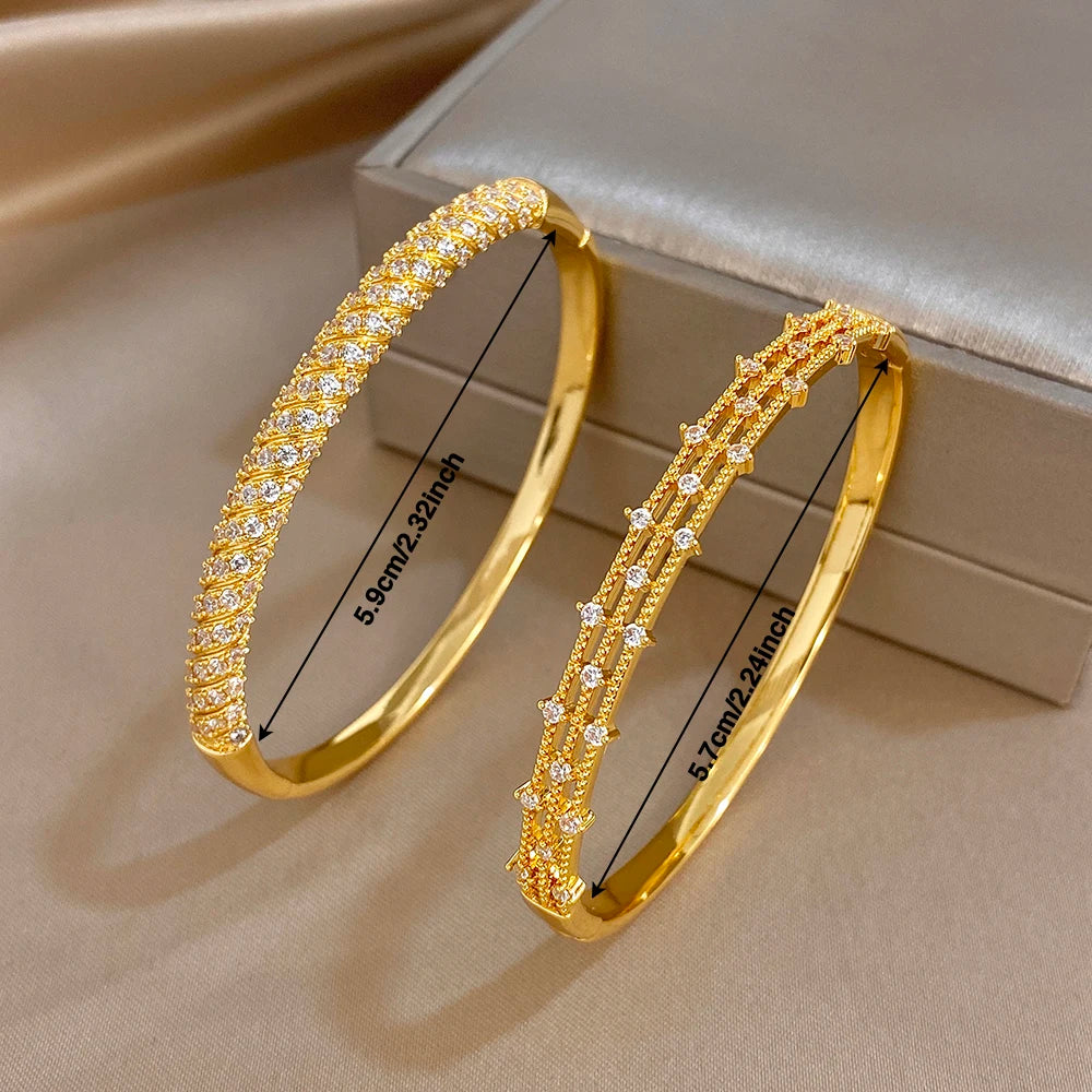 Elegant Geometric Winding Hollow Copper Bangle for Women Shiny Gold Plated Waterproof Spring Bracelet Lady Jewelry Gift