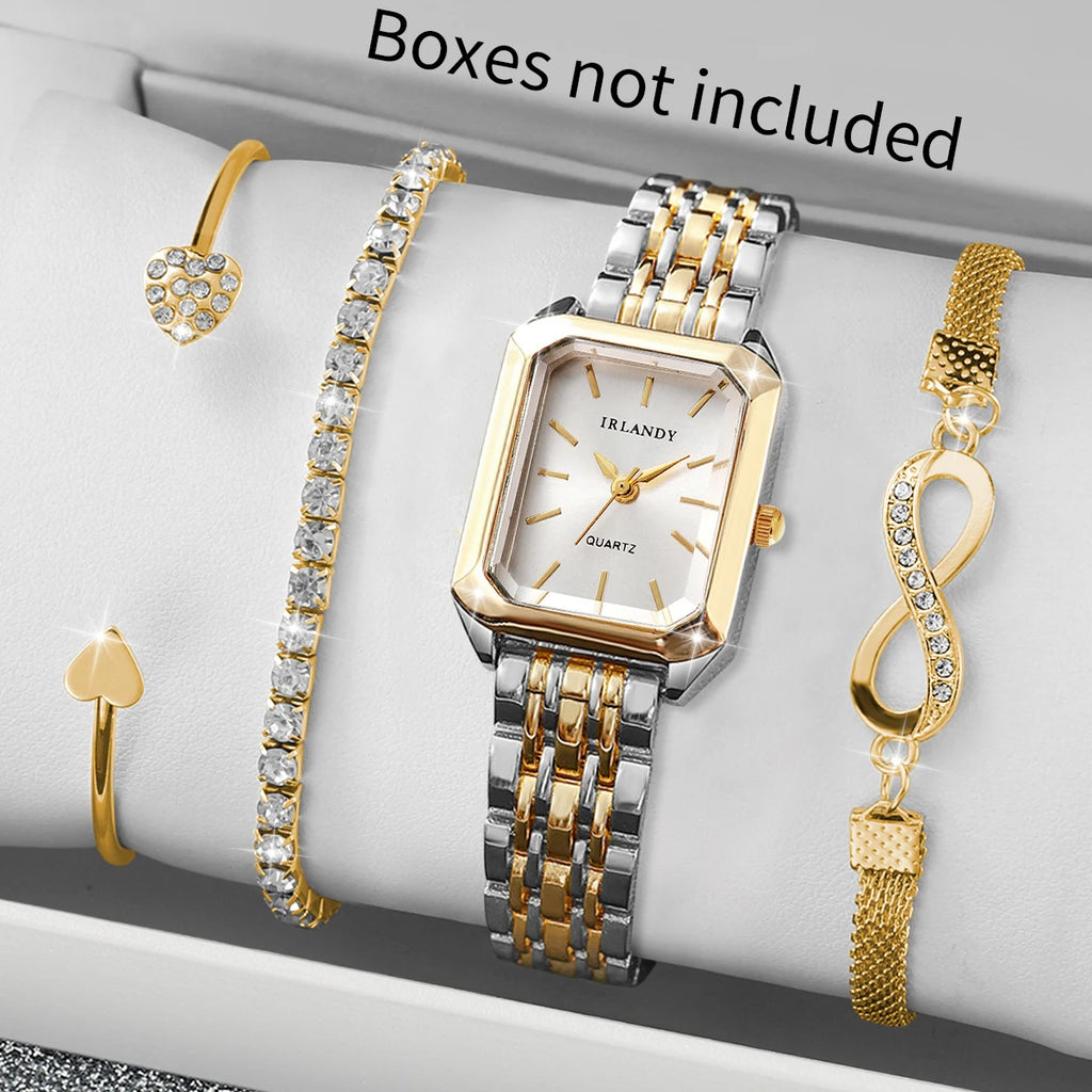 4PCS Elegant Rectangle Women Watches Rhinestone Bracelets Set Fashion Ladies Quartz Wristwatch Reloj Mujer