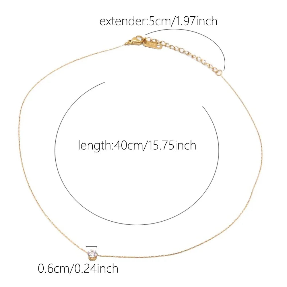 Stainless Steel Gold Plated Dainty Chain Round Clear Stone Necklace for Women Jewelry