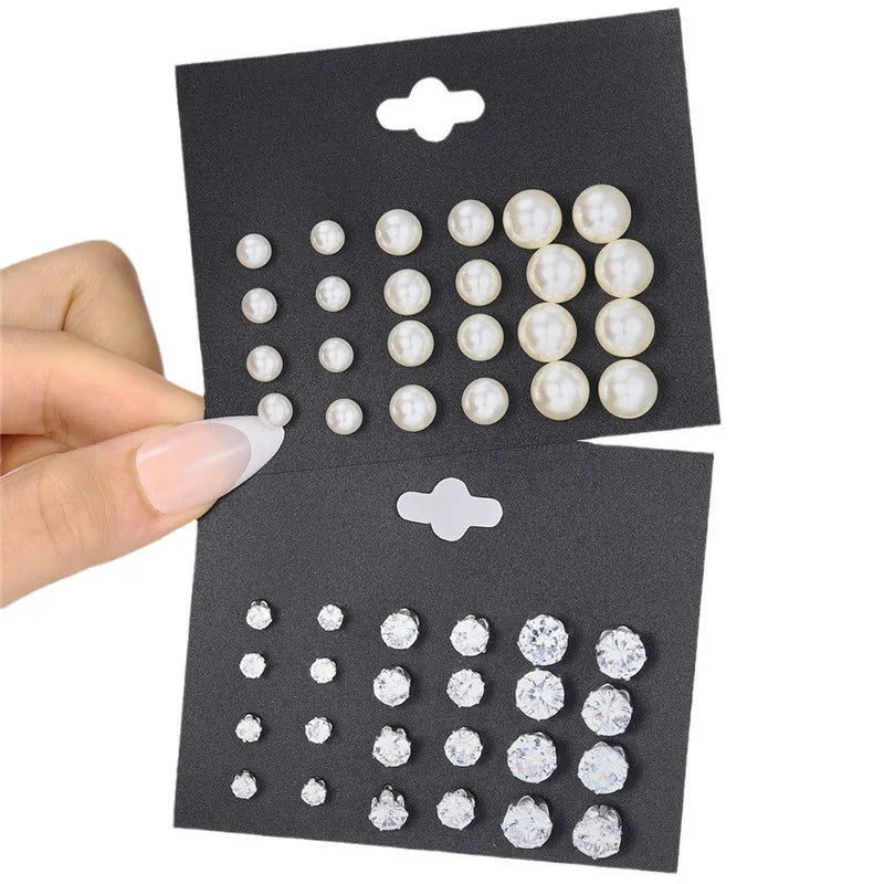Crystal Pearl Earrings Set Fashion Silver Color Geometric Metal Studs For Women Girls Trend Jewelry Gifts