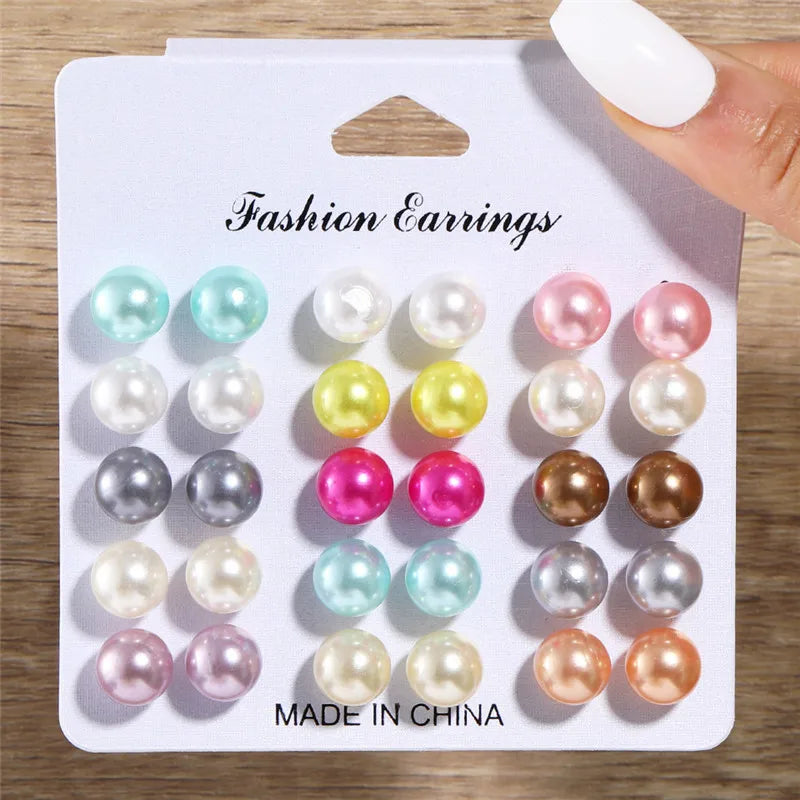 Crystal Pearl Earrings Set Fashion Silver Color Geometric Metal Studs For Women Girls Trend Jewelry Gifts