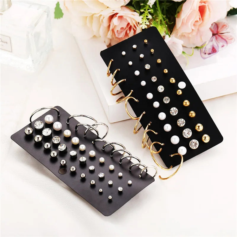 Crystal Pearl Earrings Set Fashion Silver Color Geometric Metal Studs For Women Girls Trend Jewelry Gifts