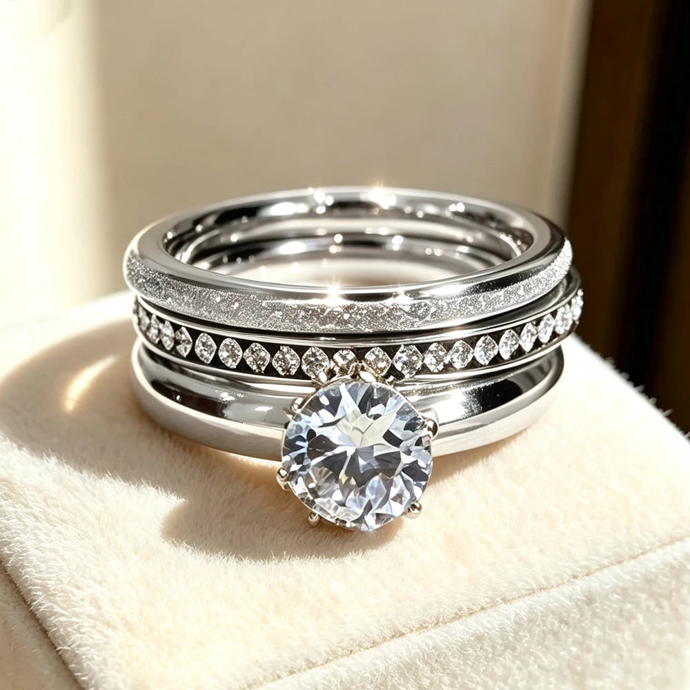 Classic Fashion Zircon Inlaid Stainless Steel Rings Set for Women