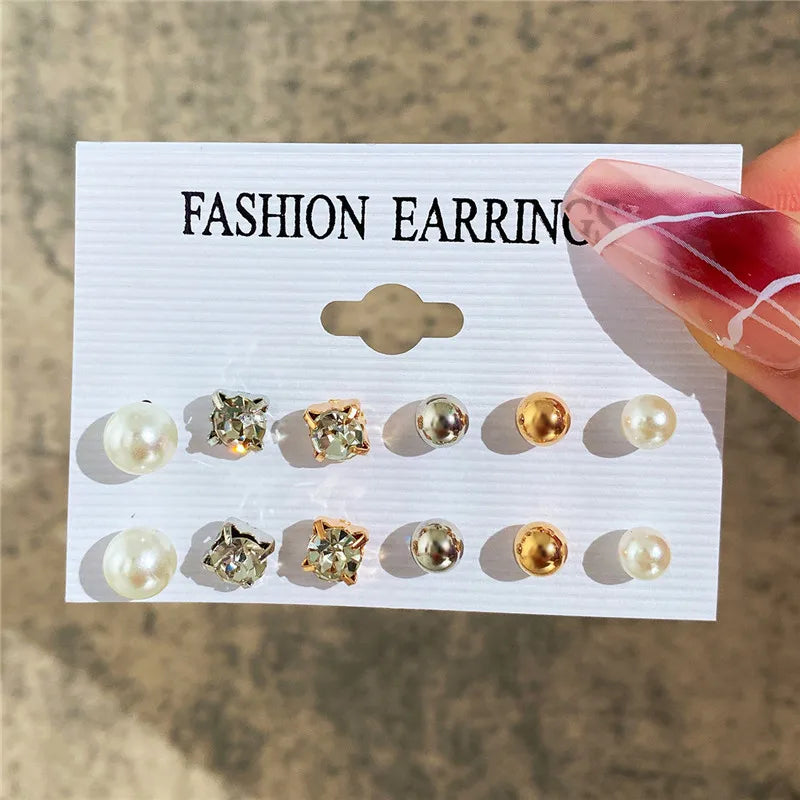 Crystal Pearl Earrings Set Fashion Silver Color Geometric Metal Studs For Women Girls Trend Jewelry Gifts