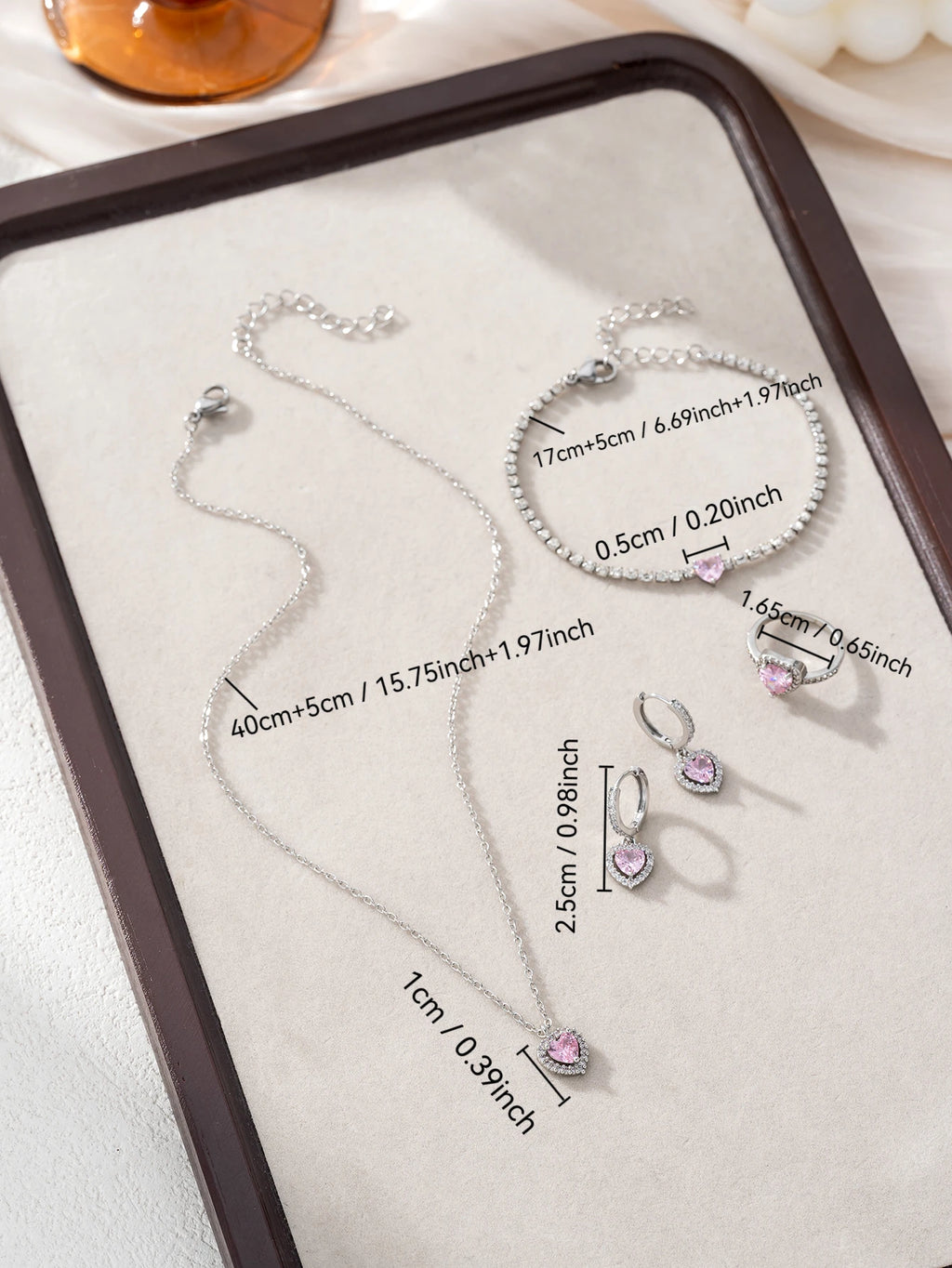 Simple Cube Zirconia Love Design Pendant Necklace Ring Earrings Bracelet Set