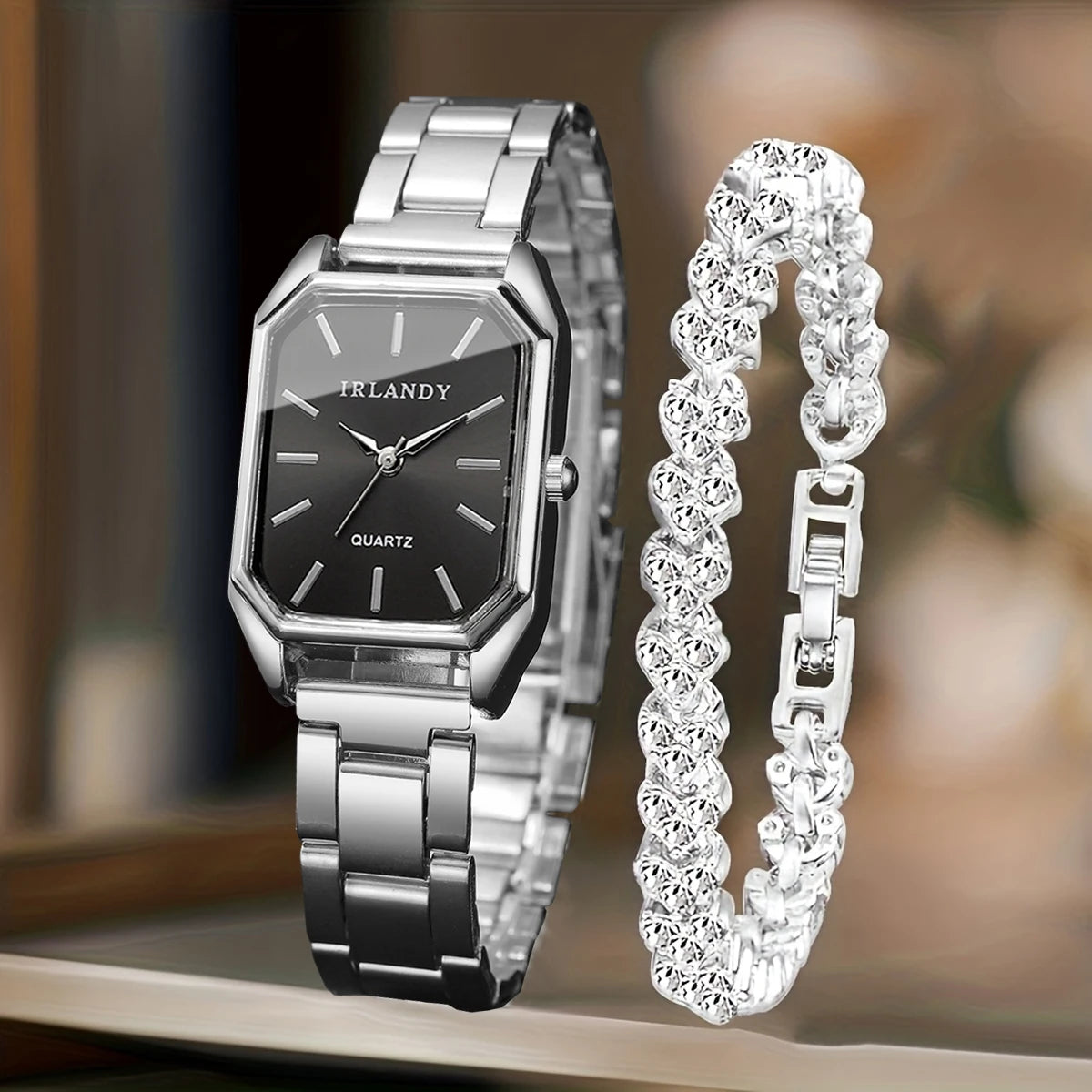 2PCS Fashion Rectangle Women Quartz Watch Rhinestone Bracelet Set Elegant Ladies Wristwatches