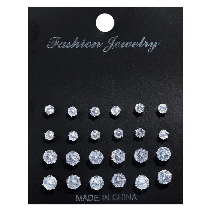 Crystal Pearl Earrings Set Fashion Silver Color Geometric Metal Studs For Women Girls Trend Jewelry Gifts