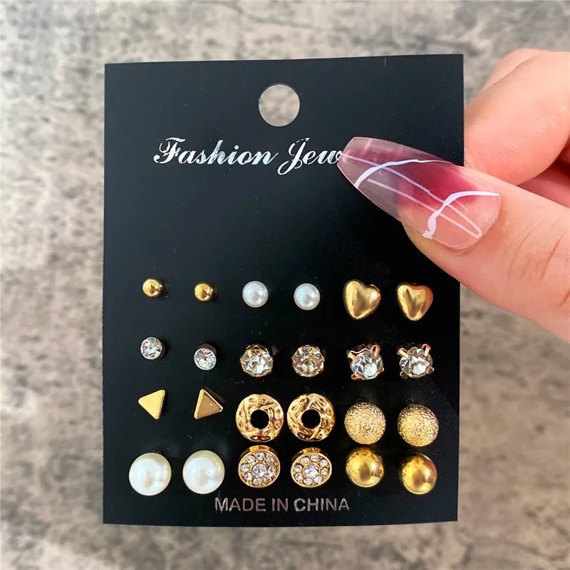 Crystal Pearl Earrings Set Fashion Silver Color Geometric Metal Studs For Women Girls Trend Jewelry Gifts