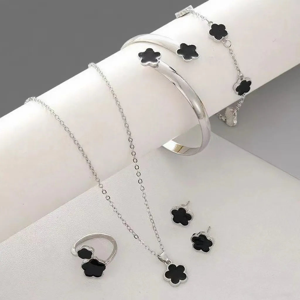 Lucky Five-petal Flower Women's Jewelry Set, Fashion Flower Bracelet + Necklace + Earrings + Bracelet + Ring,