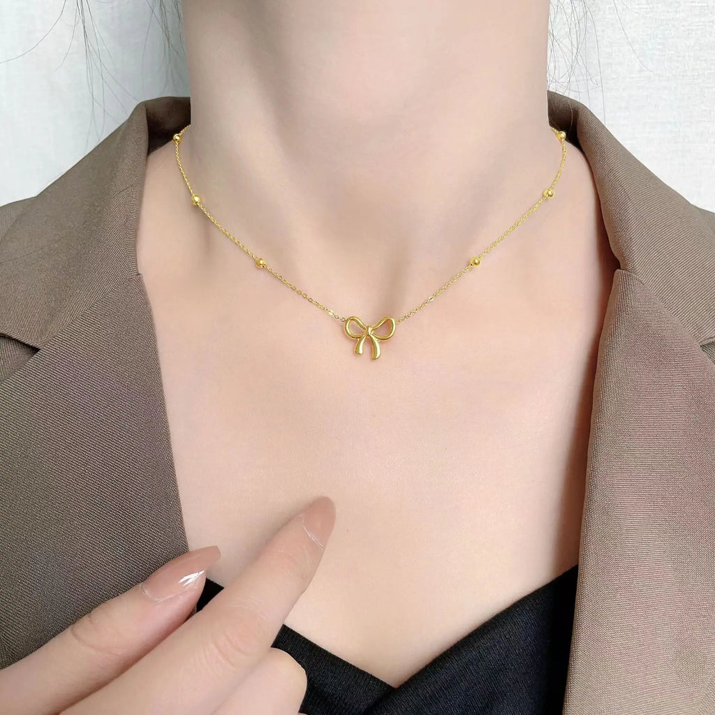Stainless Steel Bowknot Necklace For Women Girls Gift