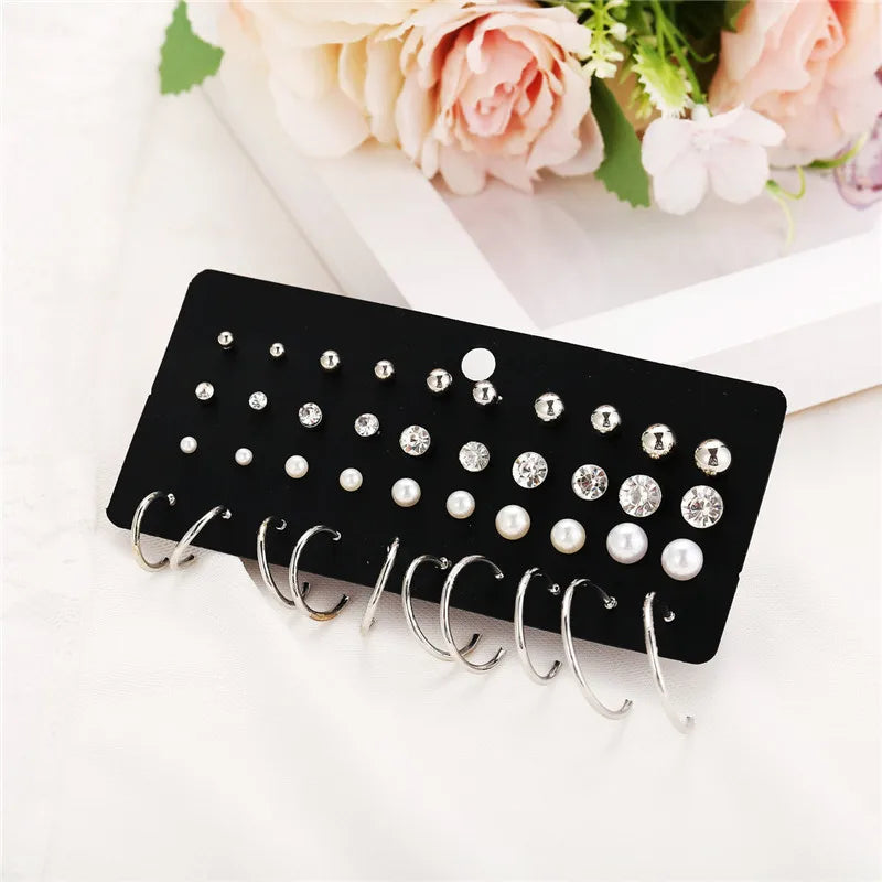 Crystal Pearl Earrings Set Fashion Silver Color Geometric Metal Studs For Women Girls Trend Jewelry Gifts