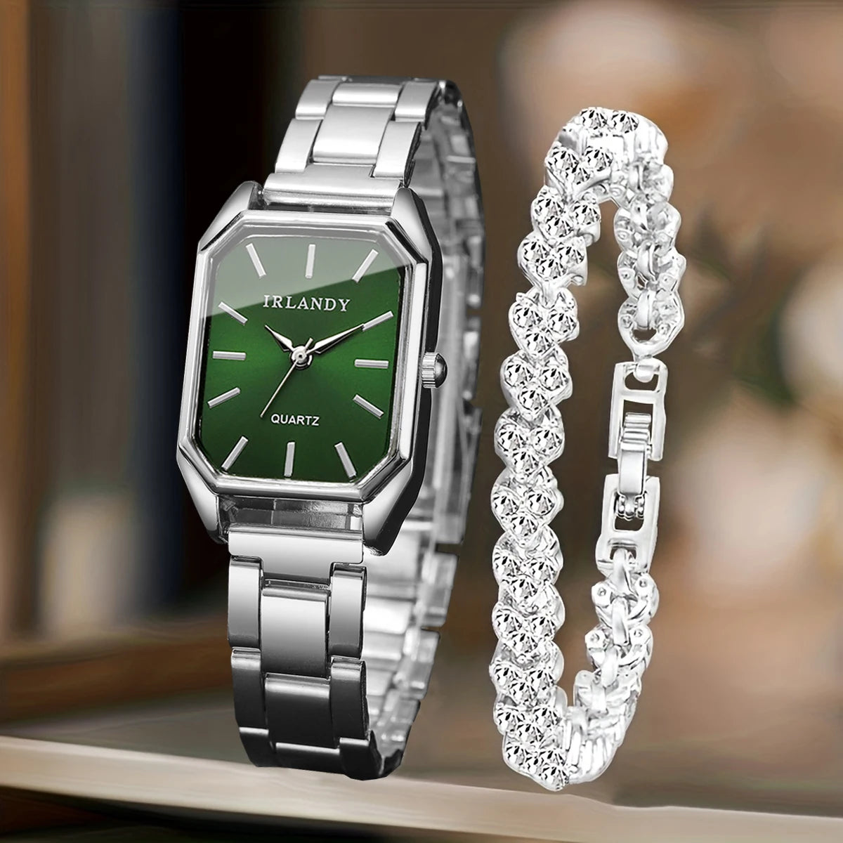 2PCS Fashion Rectangle Women Quartz Watch Rhinestone Bracelet Set Elegant Ladies Wristwatches