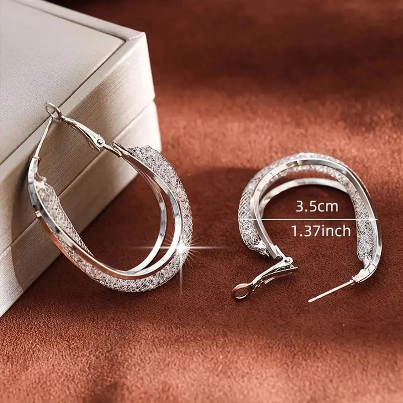 Gold Color Crystal Stone Hoop Earrings Twisted Metal Shape Silver Plating
