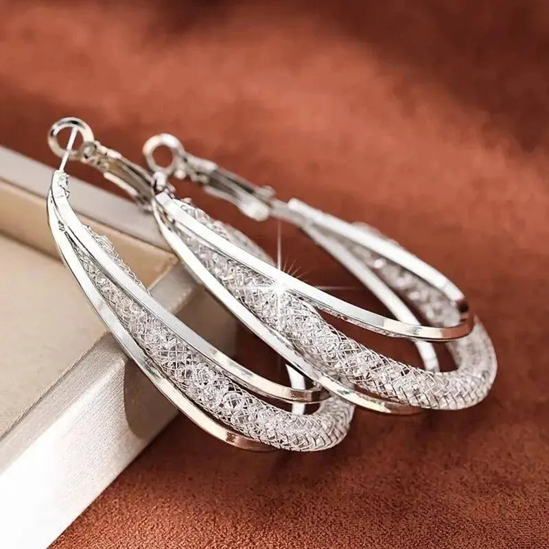 Gold Color Crystal Stone Hoop Earrings Twisted Metal Shape Silver Plating