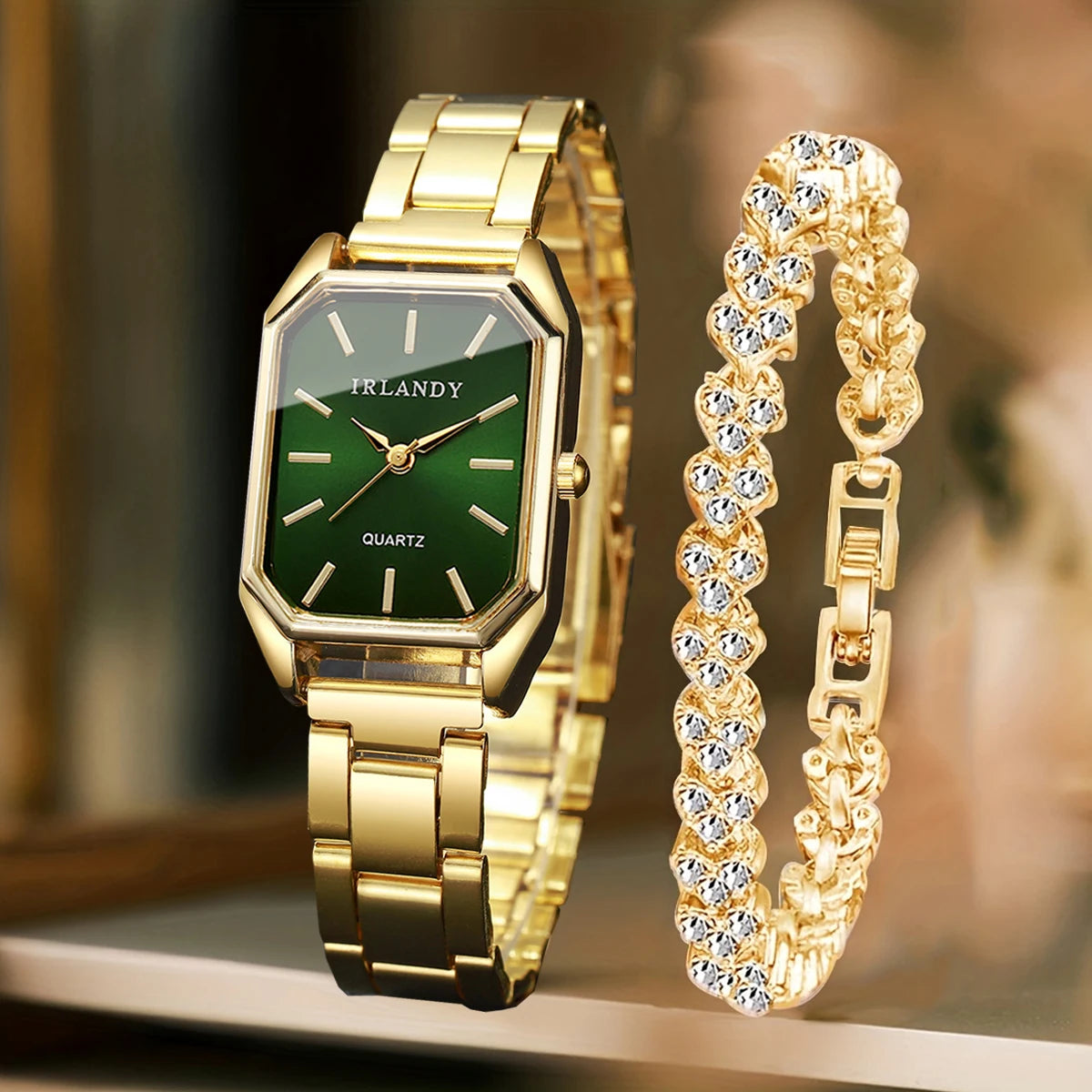2PCS Fashion Rectangle Women Quartz Watch Rhinestone Bracelet Set Elegant Ladies Wristwatches