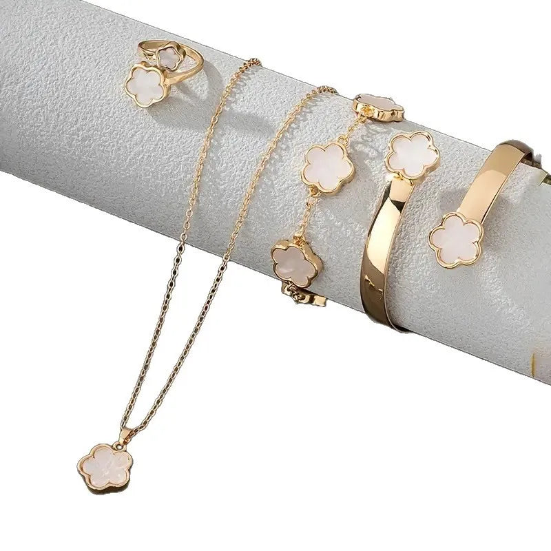 Lucky Five-petal Flower Women's Jewelry Set, Fashion Flower Bracelet + Necklace + Earrings + Bracelet + Ring,