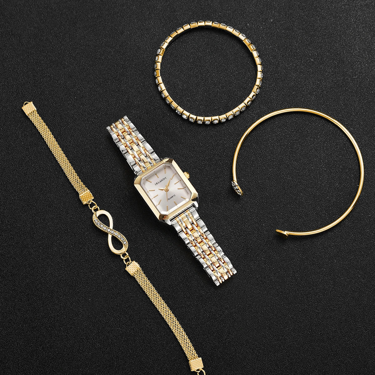4PCS Elegant Rectangle Women Watches Rhinestone Bracelets Set Fashion Ladies Quartz Wristwatch Reloj Mujer