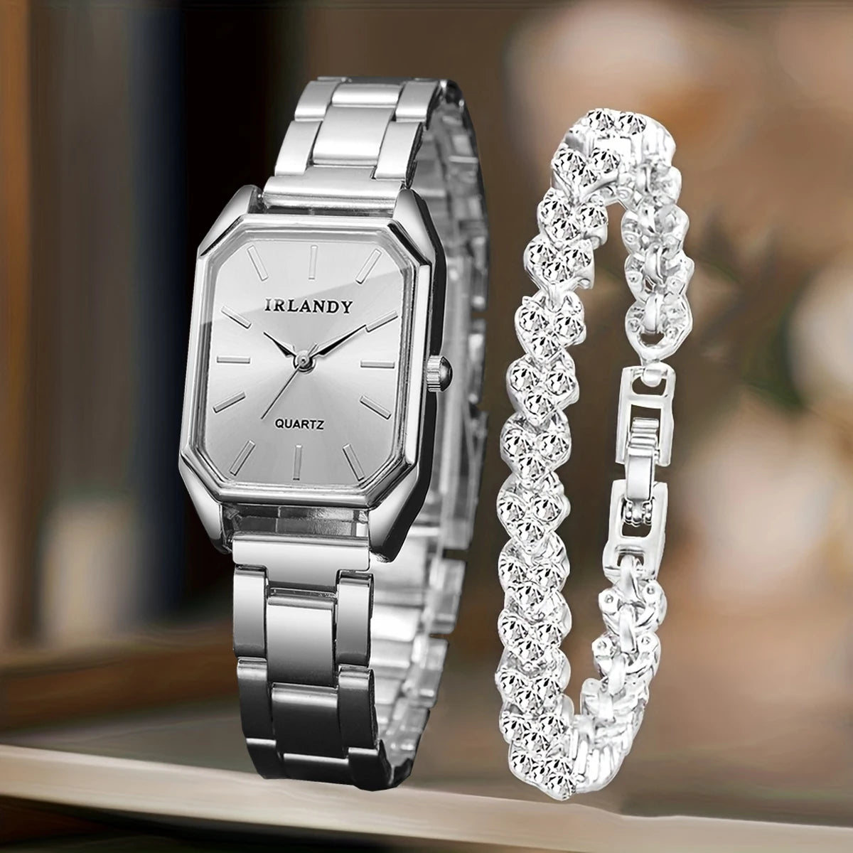2PCS Fashion Rectangle Women Quartz Watch Rhinestone Bracelet Set Elegant Ladies Wristwatches