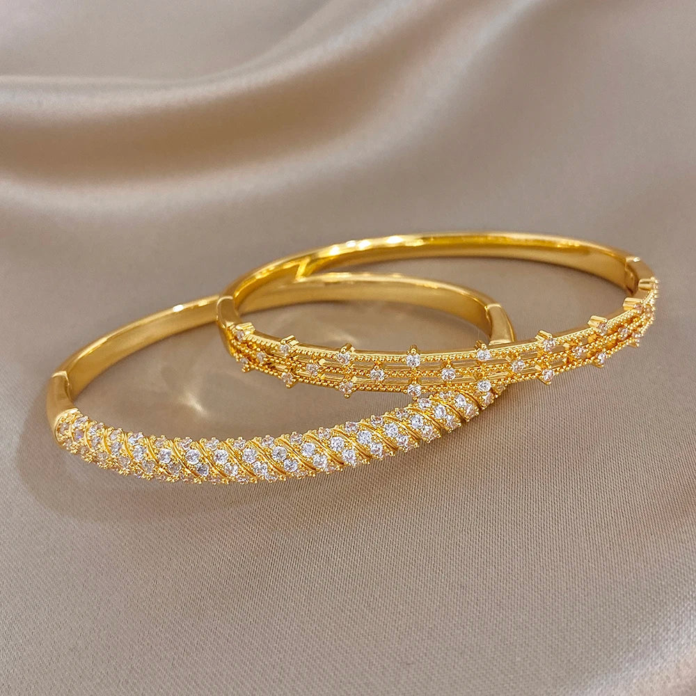 Elegant Geometric Winding Hollow Copper Bangle for Women Shiny Gold Plated Waterproof Spring Bracelet Lady Jewelry Gift