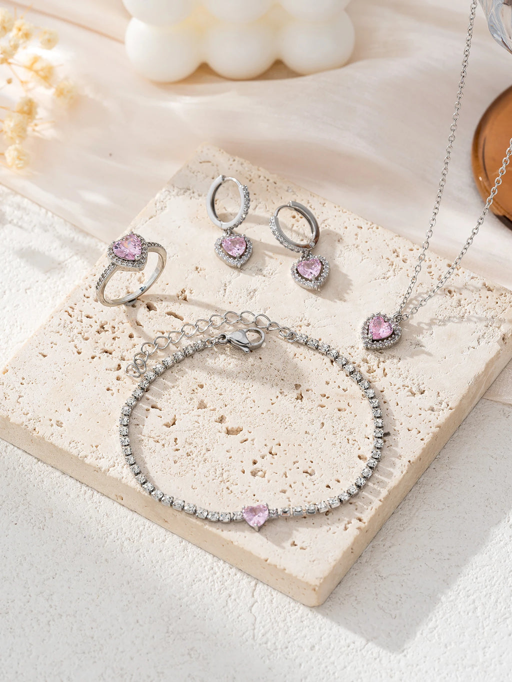 Simple Cube Zirconia Love Design Pendant Necklace Ring Earrings Bracelet Set