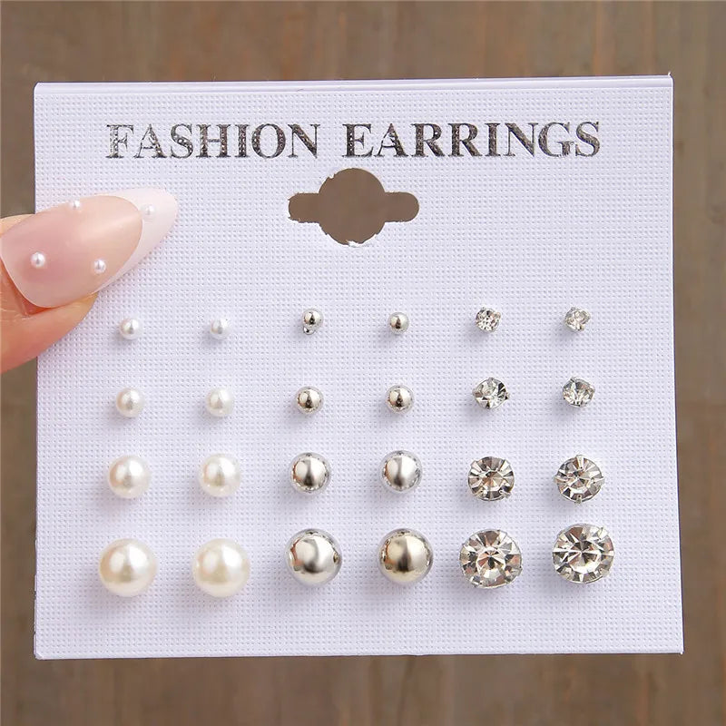 Crystal Pearl Earrings Set Fashion Silver Color Geometric Metal Studs For Women Girls Trend Jewelry Gifts