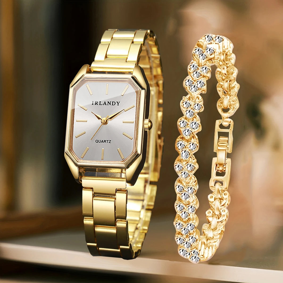 2PCS Fashion Rectangle Women Quartz Watch Rhinestone Bracelet Set Elegant Ladies Wristwatches