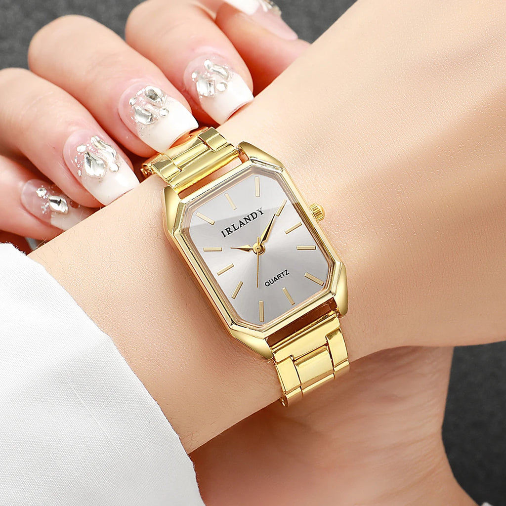 2PCS Fashion Rectangle Women Quartz Watch Rhinestone Bracelet Set Elegant Ladies Wristwatches