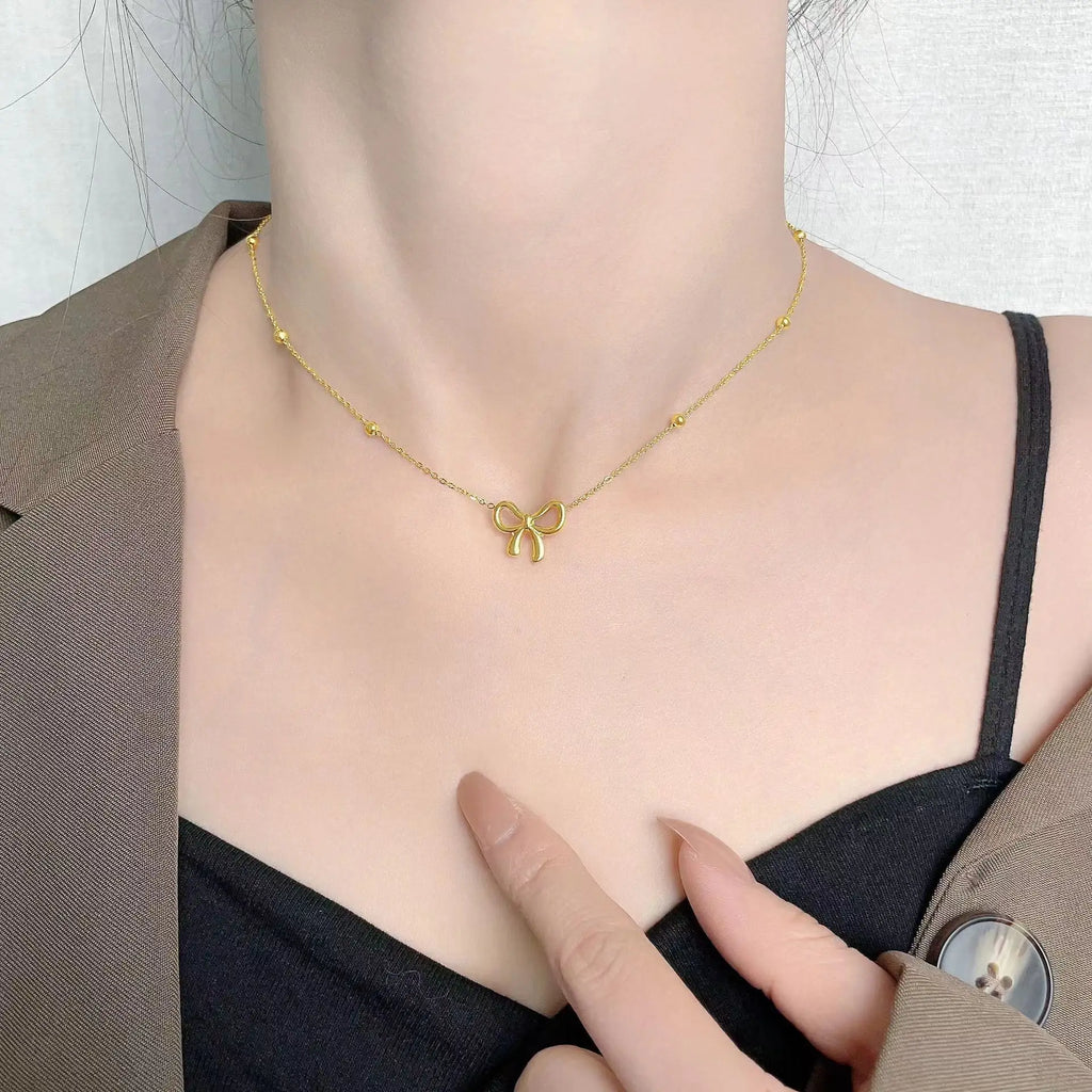 Stainless Steel Bowknot Necklace For Women Girls Gift