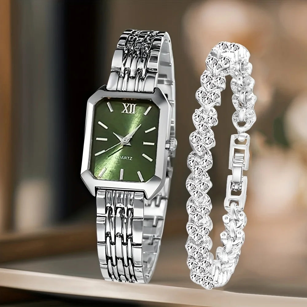 2PCS/Set Fashion Rectangle Women Quartz Watch Ladies Roma Dial Wristwatches