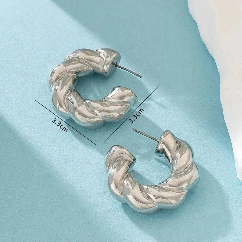Gold Color Crystal Stone Hoop Earrings Twisted Metal Shape Silver Plating