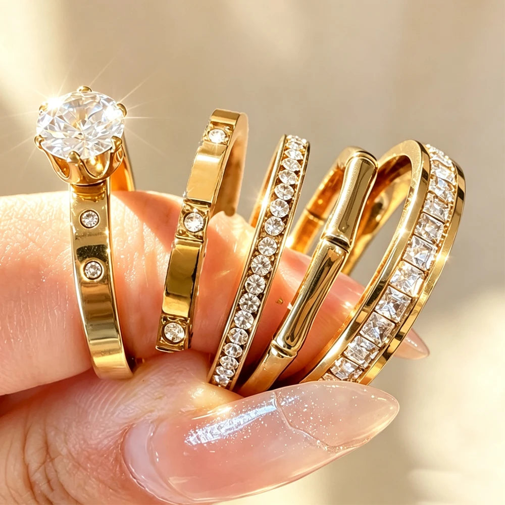 Stainless Steel Stackable Rings for Women Sparkling Finger Ring Set