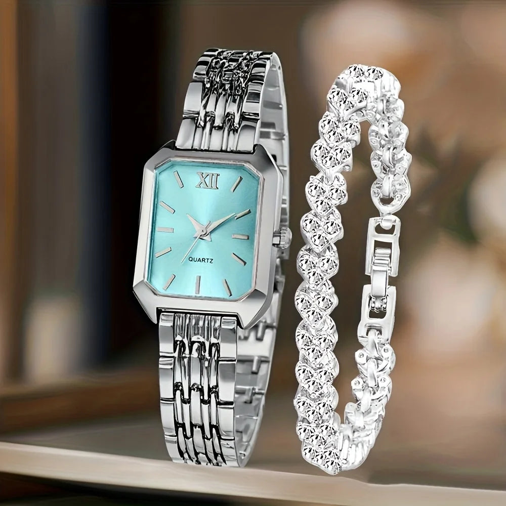 2PCS/Set Fashion Rectangle Women Quartz Watch Ladies Roma Dial Wristwatches