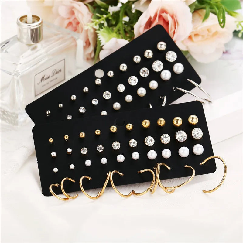 Crystal Pearl Earrings Set Fashion Silver Color Geometric Metal Studs For Women Girls Trend Jewelry Gifts