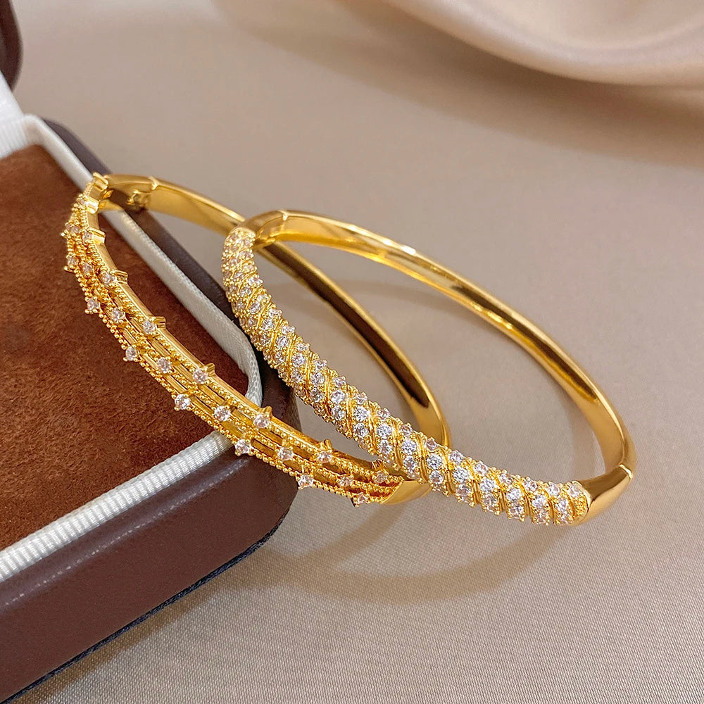 Elegant Geometric Winding Hollow Copper Bangle for Women Shiny Gold Plated Waterproof Spring Bracelet Lady Jewelry Gift