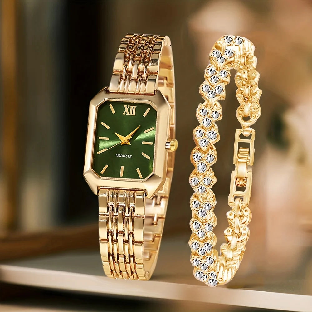 2PCS/Set Fashion Rectangle Women Quartz Watch Ladies Roma Dial Wristwatches