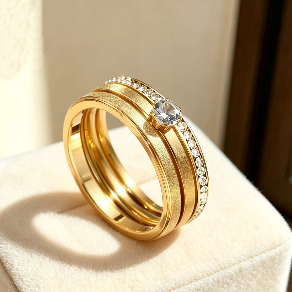 Classic Fashion Zircon Inlaid Stainless Steel Rings Set for Women