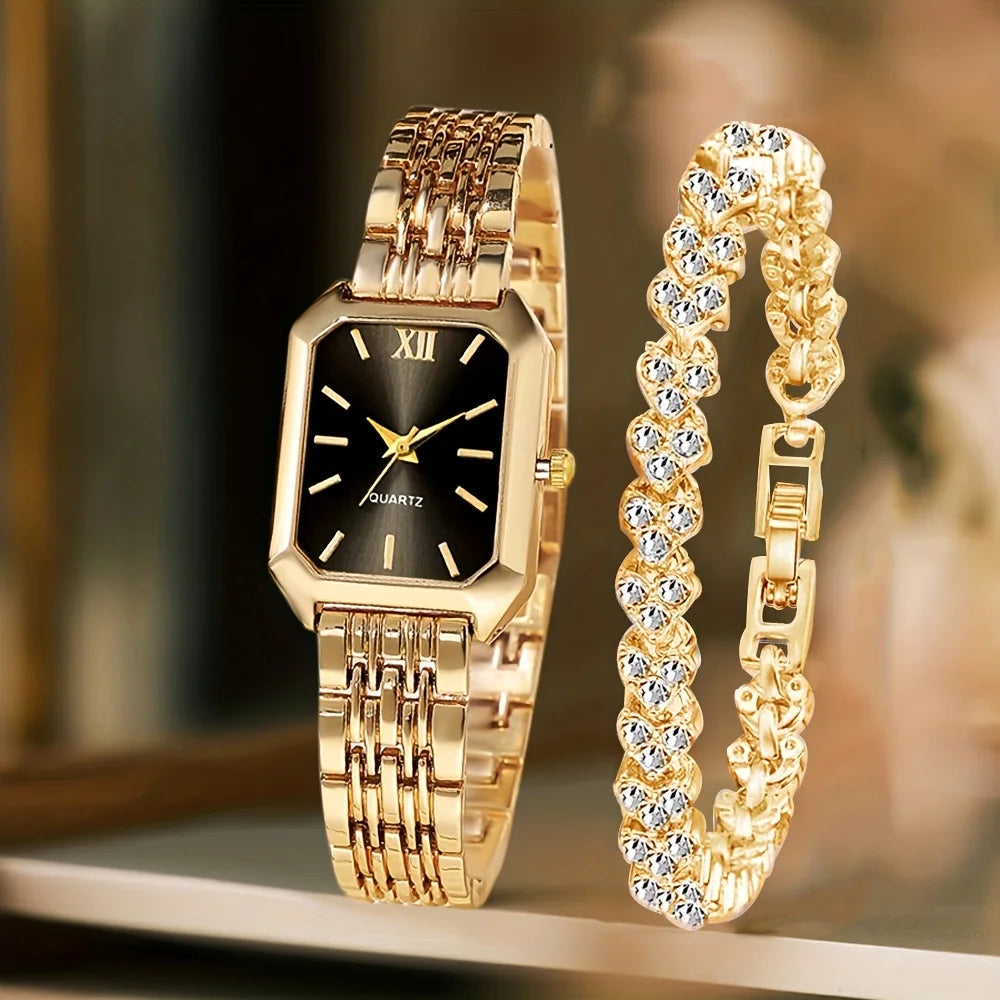 2PCS/Set Fashion Rectangle Women Quartz Watch Ladies Roma Dial Wristwatches