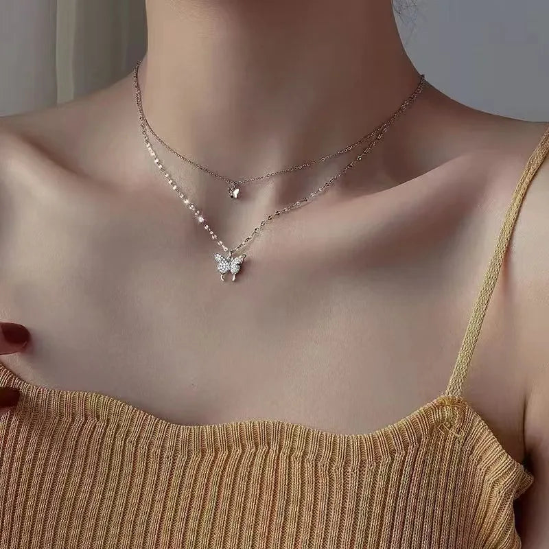 double butterfly necklace, trendy neck chain for women,