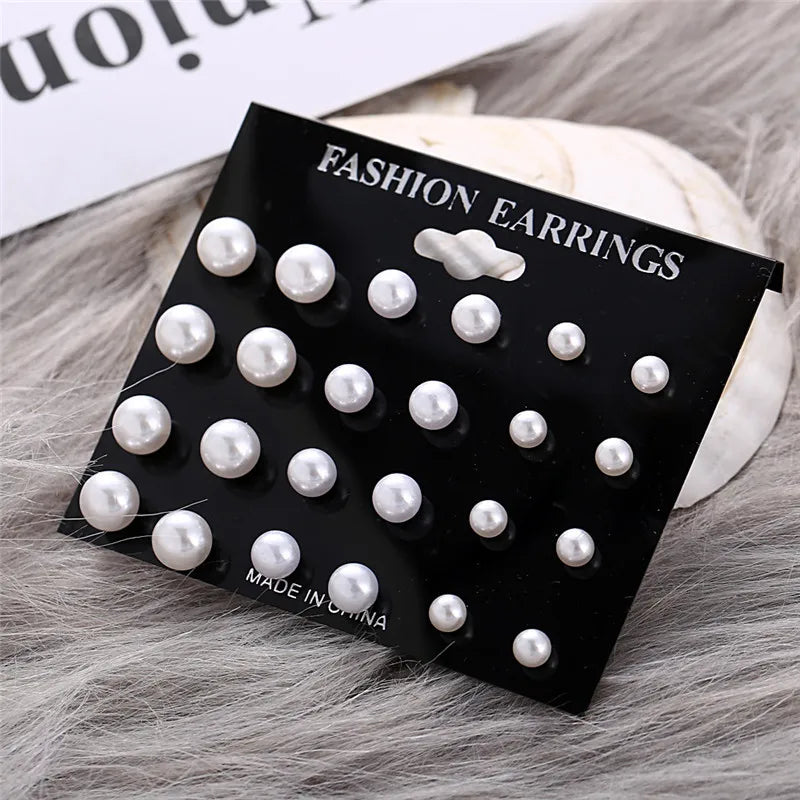 Crystal Pearl Earrings Set Fashion Silver Color Geometric Metal Studs For Women Girls Trend Jewelry Gifts