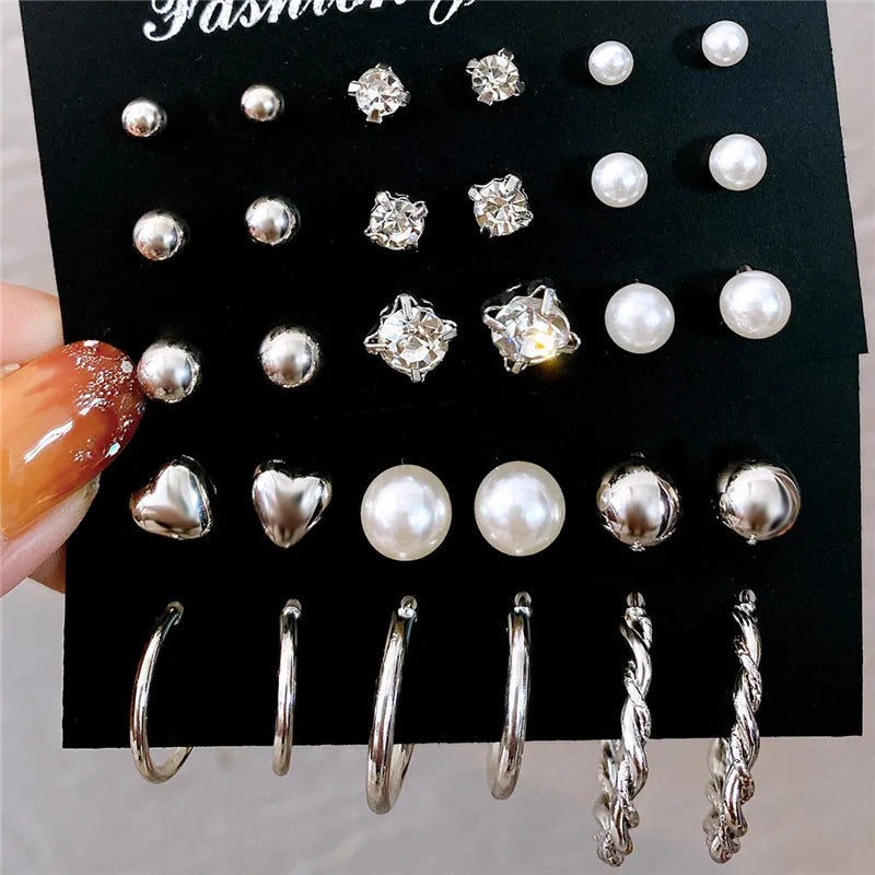 Crystal Pearl Earrings Set Fashion Silver Color Geometric Metal Studs For Women Girls Trend Jewelry Gifts